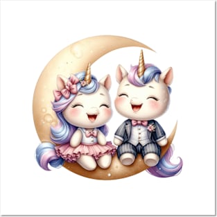 Valentine Happy Unicorn Couple On Moon Posters and Art